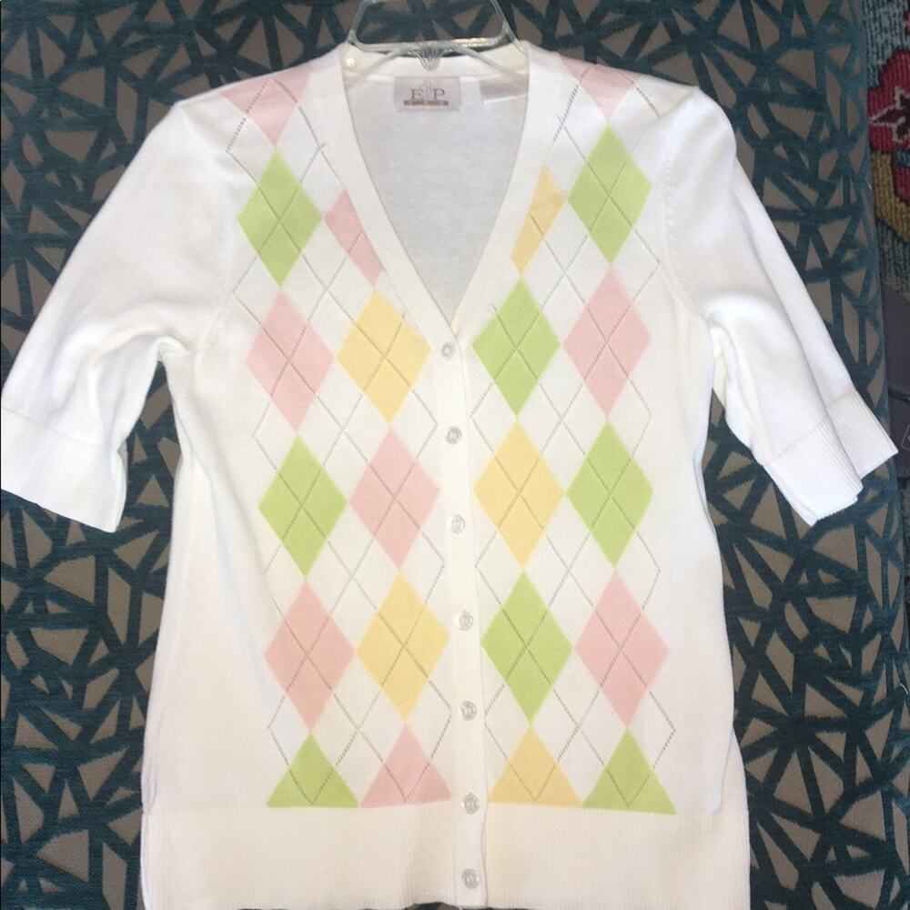 EP Pro Golf Apparel Argyle Button Front Sweater White Size S/P EUC